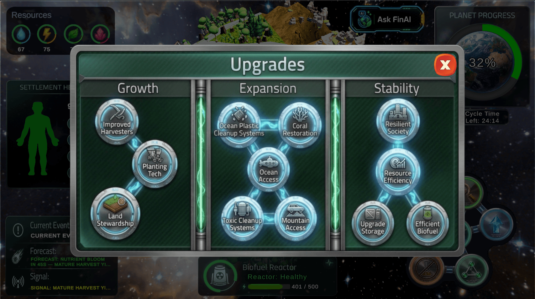 Invest in Earth — Upgrades tech tree